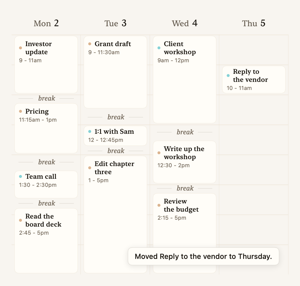 Monday to Thursday in Vene. Monday, Tuesday and Wednesday are full from nine to five. Reply to the vendor sits on Thursday morning, and a note reads: Moved Reply to the vendor to Thursday.